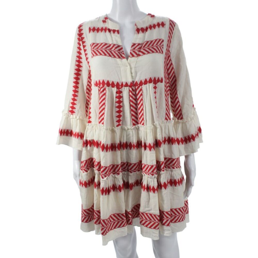 Kasia Women Shift Dress Ivory Cotton V-Neck 3/4 Sleeve Mini Bohemian Size M
